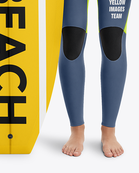 Female Surfer Wearing Wetsuit with Shortboard Mockup