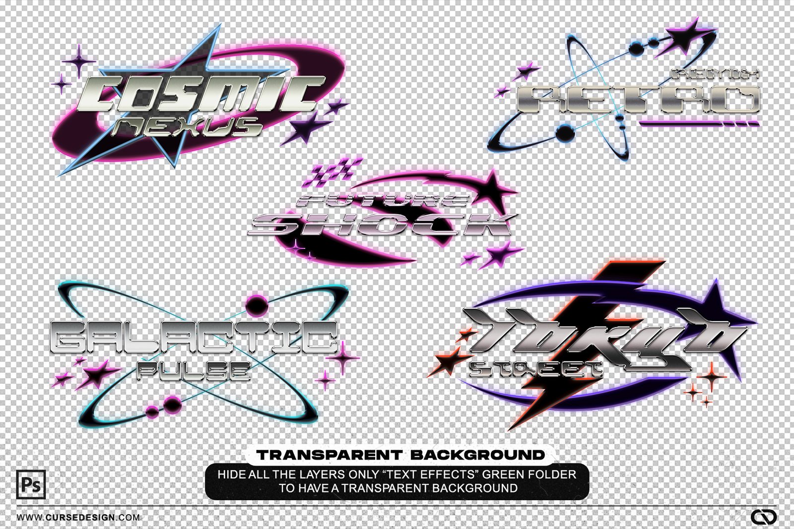 Y2K Chrome Text Effects – 5 PSD File