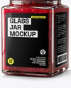 Square Glass Jar with Raspberry Jam Mockup