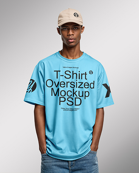 Black Man Wearing Oversized T-Shirt and Baseball Cap Mockup