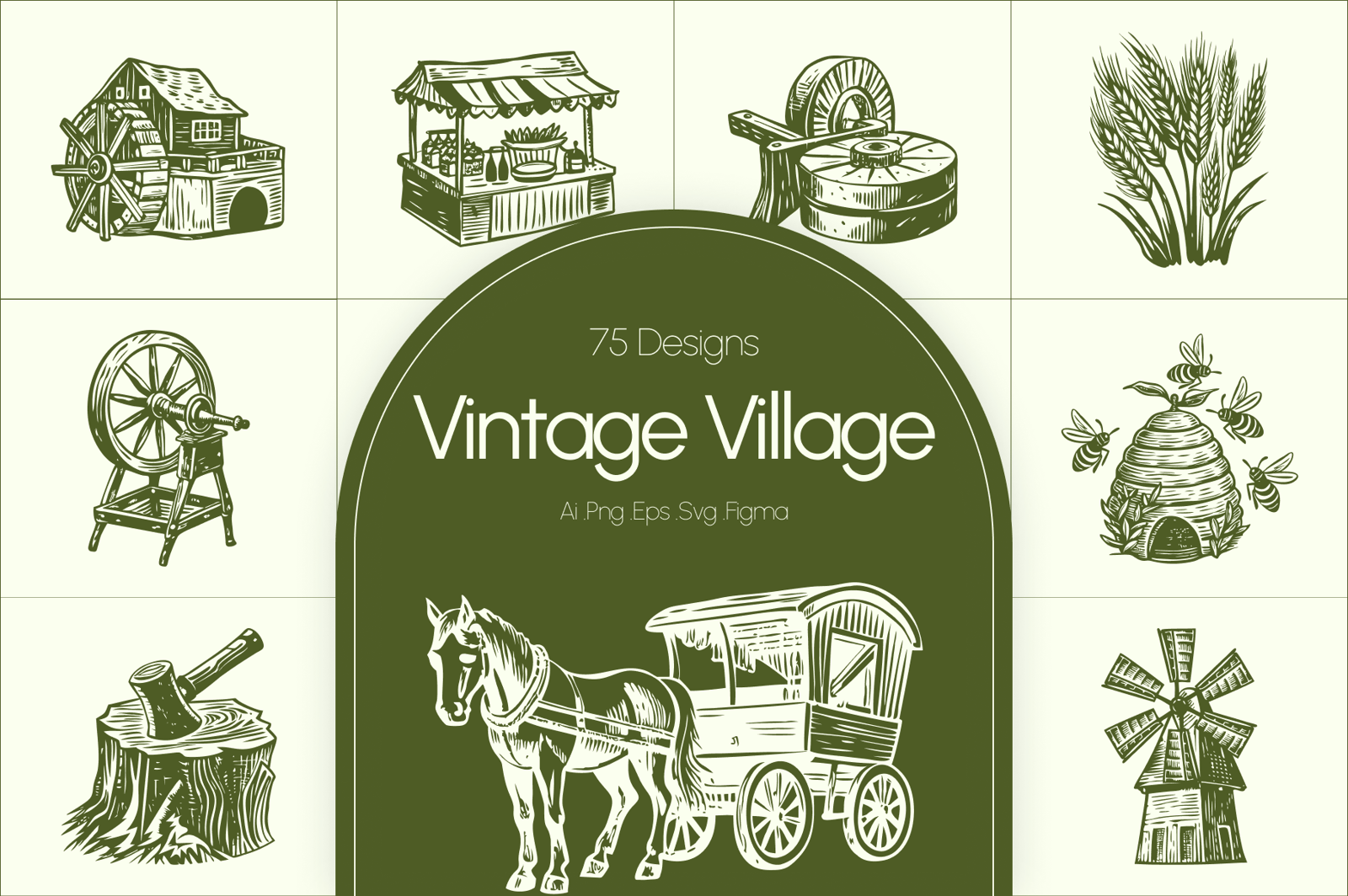 Vintage Village Illustration Set