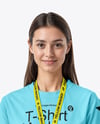 Young Woman Wearing T-shirt with ID Card Mockup