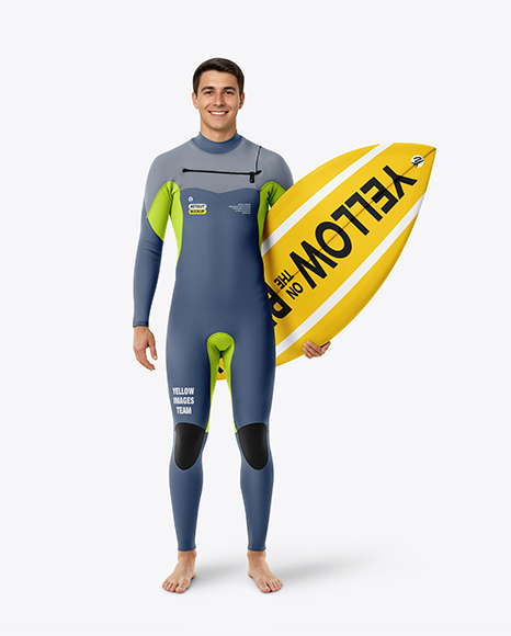 Surfer in Wetsuit with Shortboard Mockup - Long