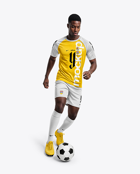 Afro-American Man Wearing Raglan Soccer Jersey and Shorts Mockup - Mockup kit soccer