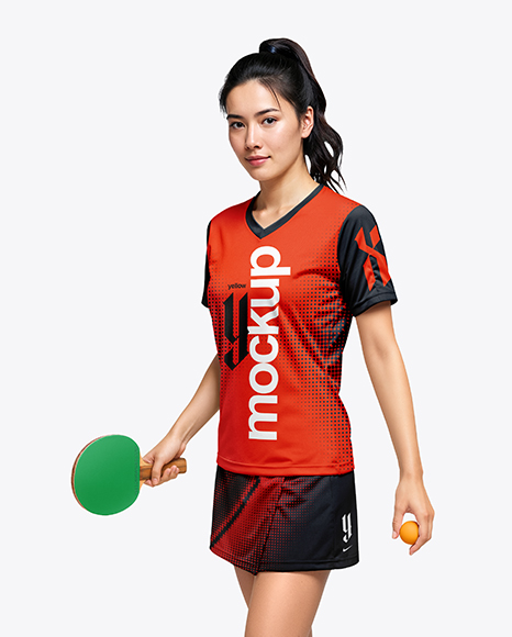 Woman Wearing Table Tennis Uniform Mockup - Children's+Uniform+Mockup