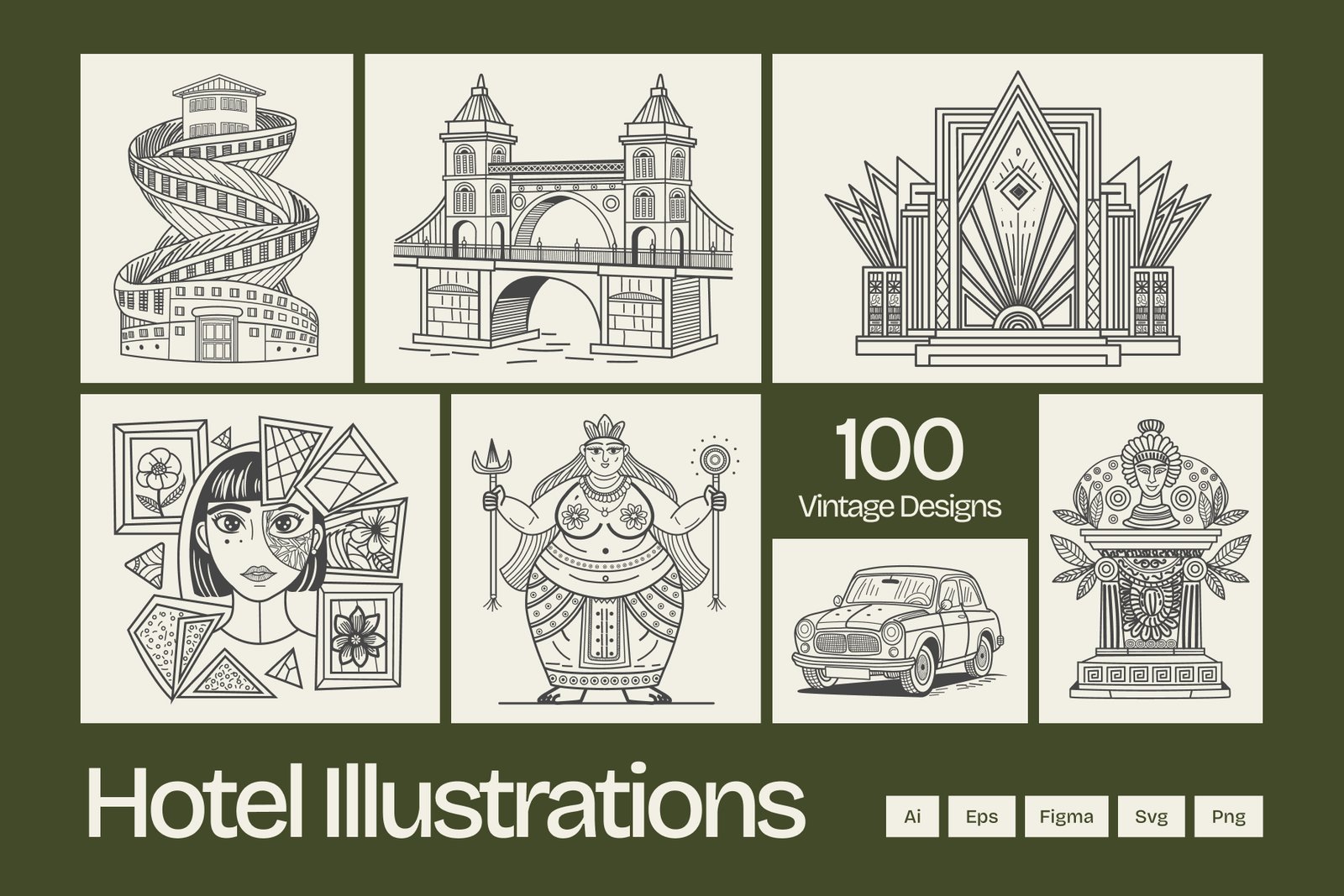 Vintage Hotel Illustration Set