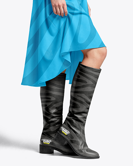 Pair of High-Knee Boots on Women's Legs with Skirt Mockup - White dress mockup