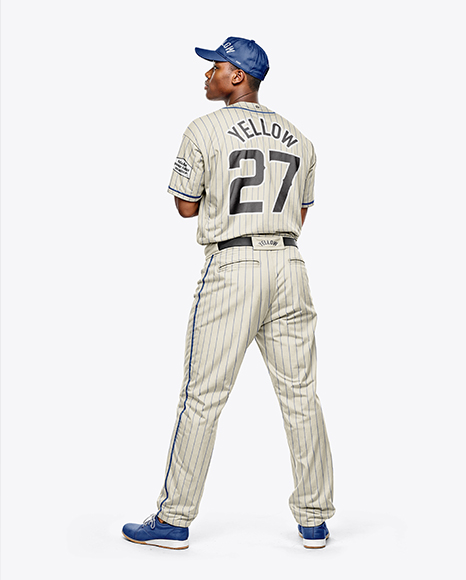 Afro-American Baseball Player Wearing Wearing a Full Baseball Kit Mockup - Men+S+Full+Cycling+Kit+Mockup+Back+View+In+Apparel+Mockups+On+Yellow+Images+Object+Mockups