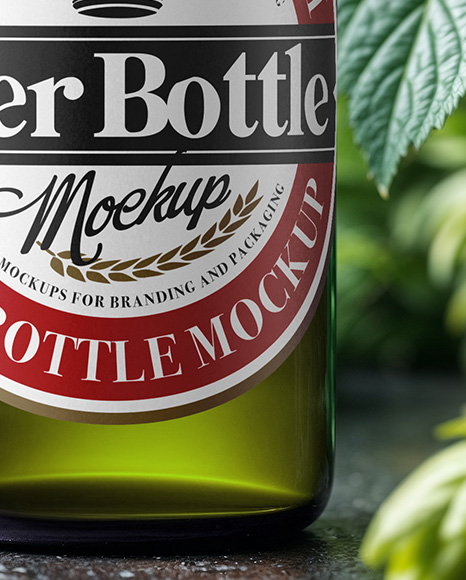 Beer Bottle Surrounded by Hops Branches Mockup