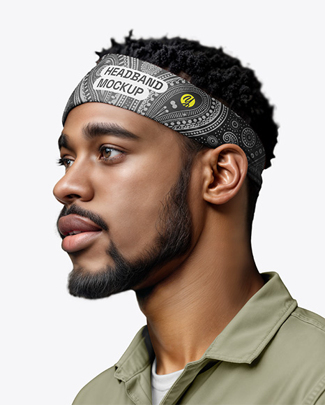 Black Man Wearing a Headband and Shirt Mockup - Headband+Mockup+Half+Side+View+In+Apparel+Mockups+On+Yellow+Images+Object+Mockups