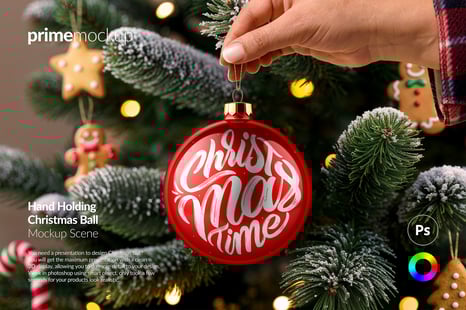 Hand Holding Christmas Ball Ornament Mockup Scene