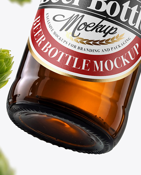 Amber Glass Beer Bottle with Fresh Hops Mockup