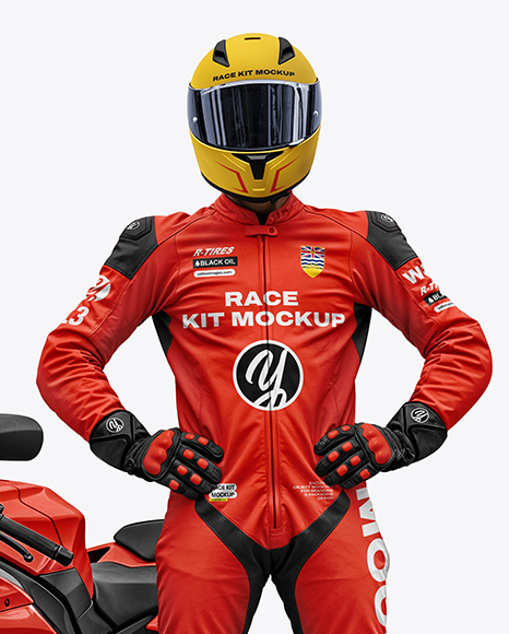 Man Wearing Moto Racing Kit with Sport Bike Mockup