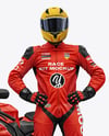 Man Wearing Moto Racing Kit with Sport Bike Mockup