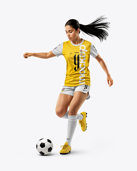 Female Soccer Player Wearing Jersey and Shorts Mockup - Mockups
