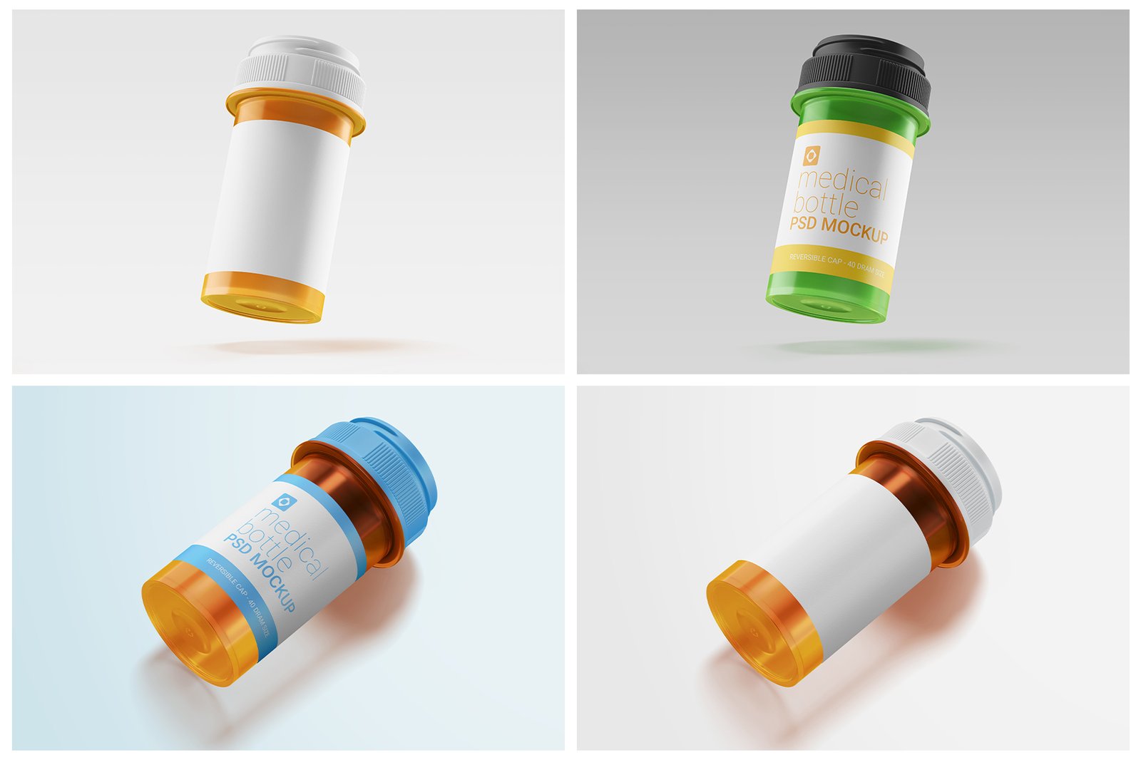 Medicine Transparent Plastic Bottle with Cap Editable PSD Mockup Set