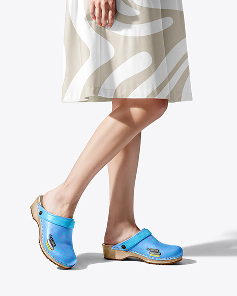 Pair of Clogs on Woman's Legs Mockup - White dress mockup