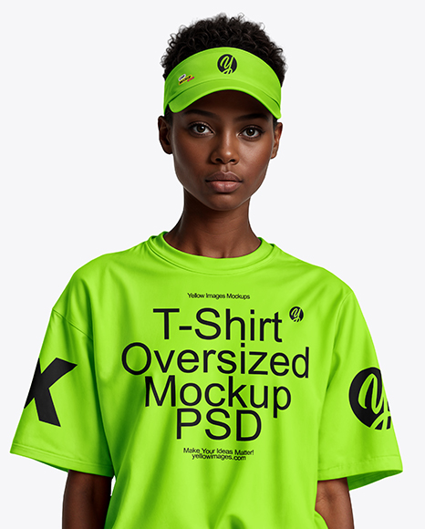 Young Black Woman Wearing Oversized T-Shirt and Sun Visor Mockup