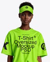 Young Black Woman Wearing Oversized T-Shirt and Sun Visor Mockup