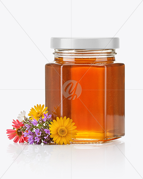 Hexagonal Glass Jar with Wildflower Honey Mockup
