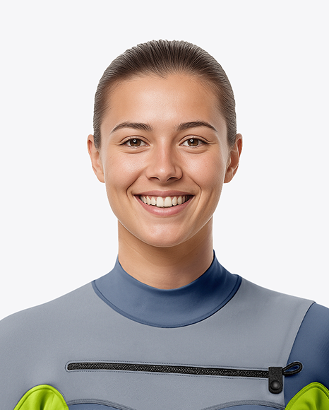 Female Surfer in a Wetsuit with a Shortboard Mockup
