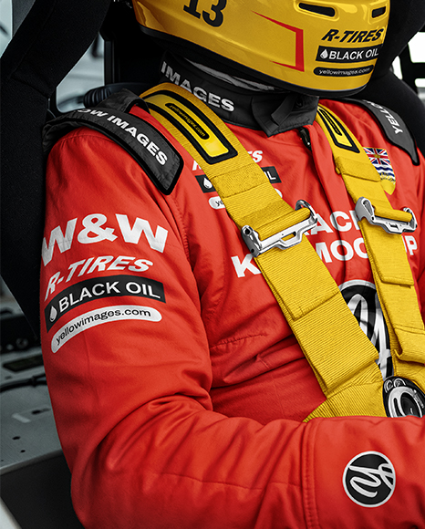 Man Wearing Racing Kit In Nascar Car Mockup