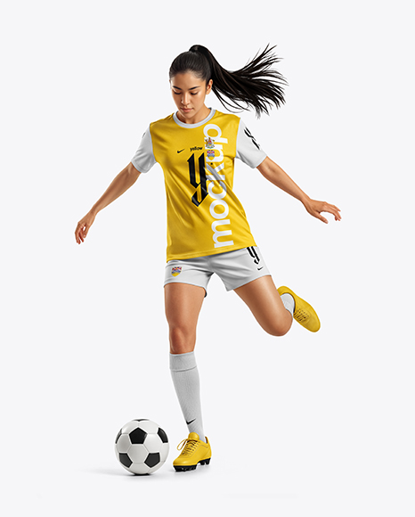 Woman Wearing Soccer Jersey and Shorts Mockup - Mockups