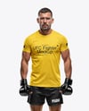 Male UFC Fighter Wearing Tight-Fit T-Shirt and Shorts Mockup