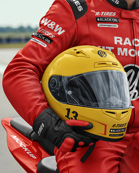 Man Wearing Moto Racing Kit on Sport Bike Mockup