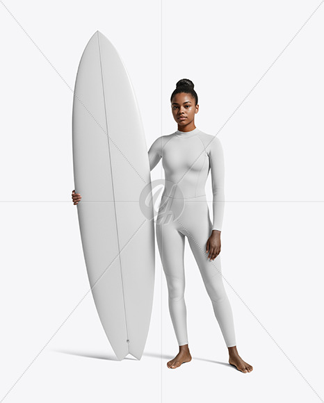 Female Surfer in a Wetsuit with a Surfboard Mockup
