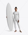 Female Surfer in a Wetsuit with a Surfboard Mockup