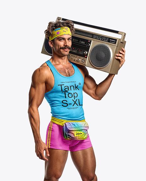 Mustachioed man with Boombox Wearing Tank Top and Shorts Mockup - Headband+Mockup+Half+Side+View+In+Apparel+Mockups+On+Yellow+Images+Object+Mockups