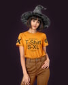 Young Woman Wearing Witch Hat, T-shirt & Pants Mockup