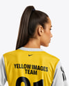 Female Soccer Player Wearing Jersey and Shorts Mockup