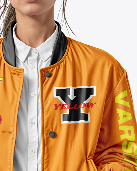 Woman in Sunglasses Wearing Bomber Jacket and Jeans Mockup