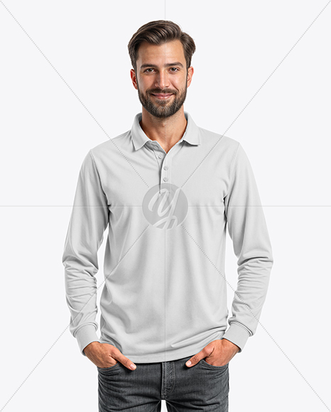 Man Wearing Long-Sleeve Polo Shirt and Jeans Mockup