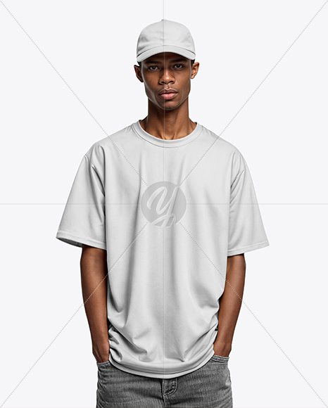 Black Man Wearing Oversized T-Shirt and Baseball Cap Mockup