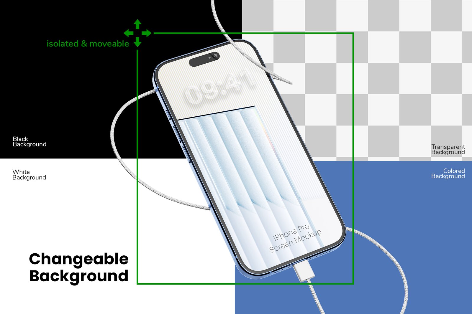 iPhone Pro with Charging Cable Mockup Set