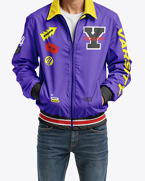 Young Man Wearing Harrington Jacket and Jeans Mockup