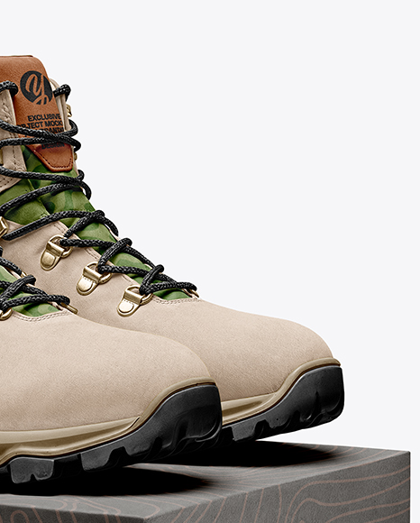 Pair of Hiking Boots on Shoe Box Mockup