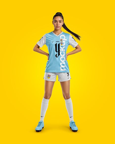 Woman Wearing Soccer Jersey and Shorts Mockup