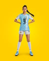 Woman Wearing Soccer Jersey and Shorts Mockup