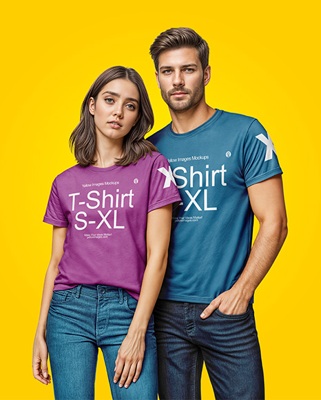 Young Couple Wearing T-shirt and Jeans Mockup