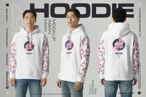 3 Oversized Hoodie Mockups on Asian Man. Vol.01. - Graphic Design Assets