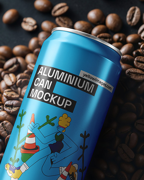 Drink Can on a Stack of Coffee Beans Mockup