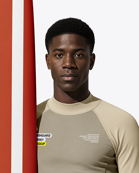 Man Wearing Rashguard Jersey and Shorts with Surfboard Mockup