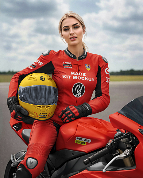 Woman Wearing Moto Racing Kit on Sport Bike Mockup