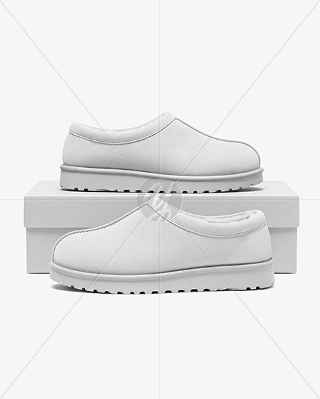 Pair of Women's UGG Slippers with Shoe Box Mockup