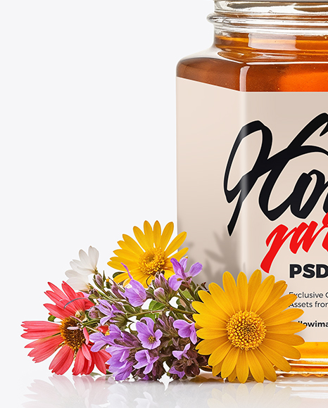 Hexagonal Glass Jar with Wildflower Honey Mockup