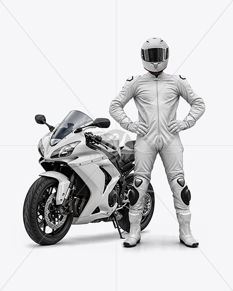 Man Wearing Moto Racing Kit with Sport Bike Mockup